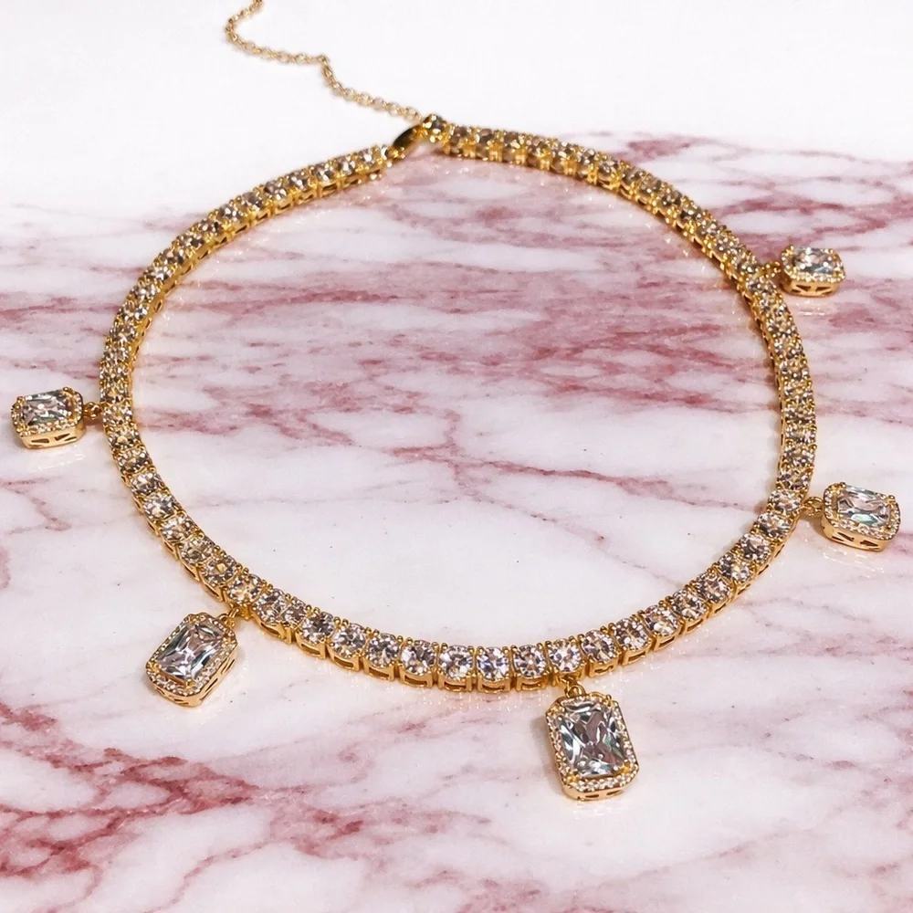 Gold tennis butterfly and square gemstone Choker Necklace set